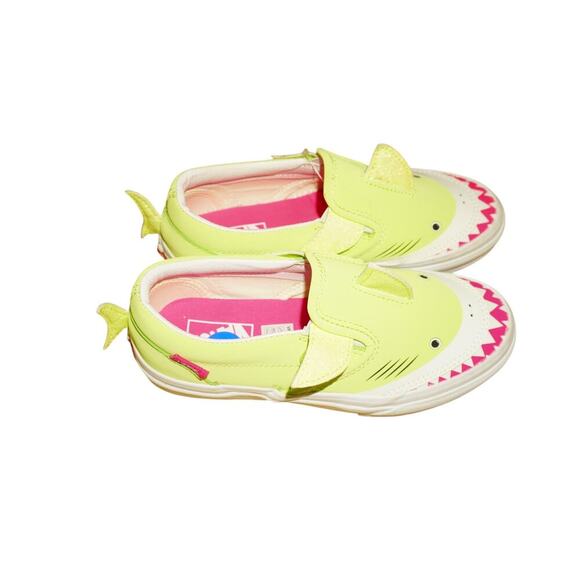 Vans Kid Size 2 Shark Slip-On Sneakers Lime Green Pink Sole Novelty Animal Shoes - Picture 2 of 7